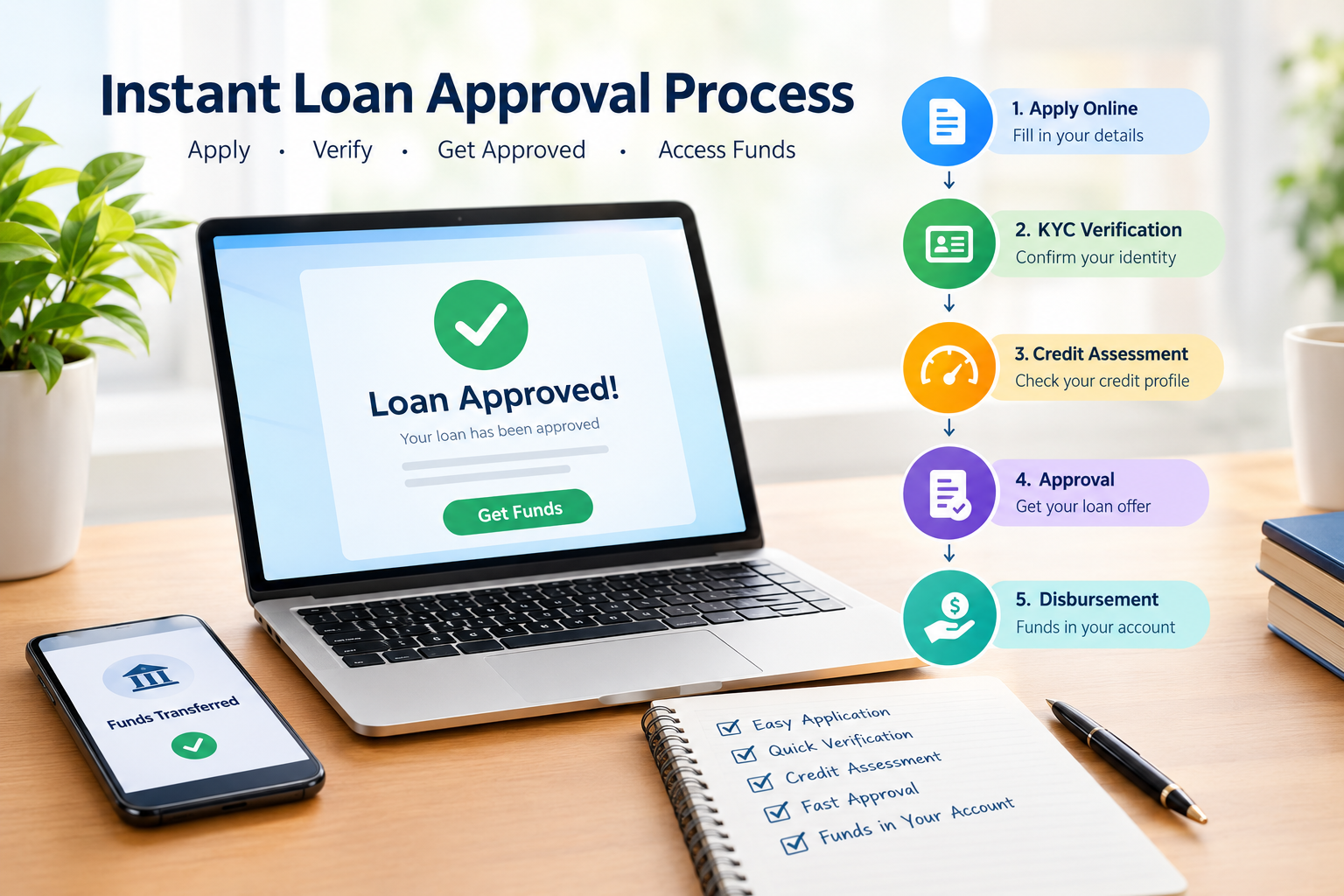 Instant loan approval process showing online application, KYC verification, credit assessment, loan approval, and digital fund disbursement.
